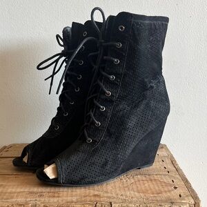 Jeffrey Campbell Black Perforated Lace-Up Peep-Toe Wedge Boots